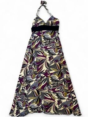 Speechless Y2K Leaf Print Tropical Halter-Neck Maxi Dress with Tie-Back Design